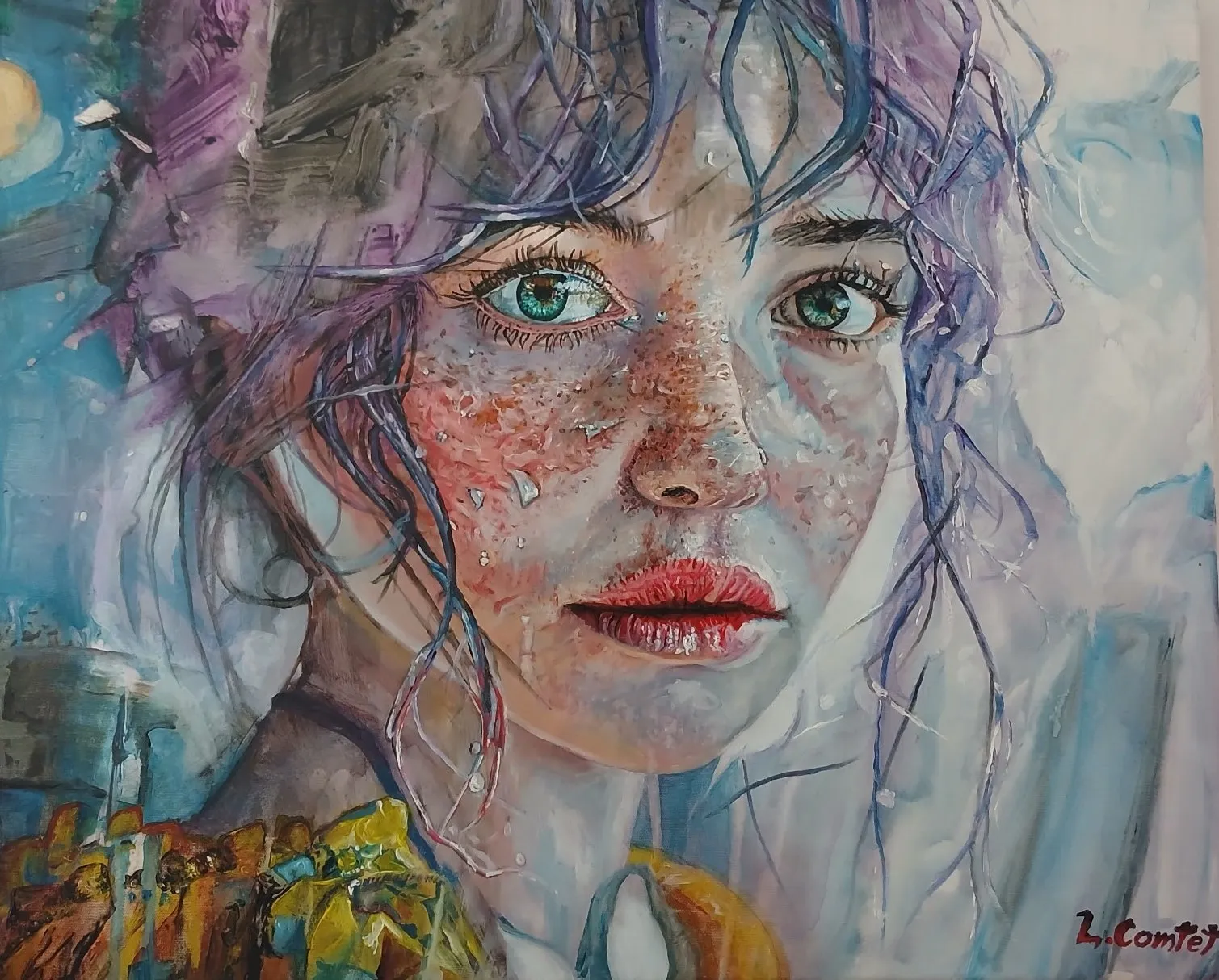 Visage aux cheveux bleus